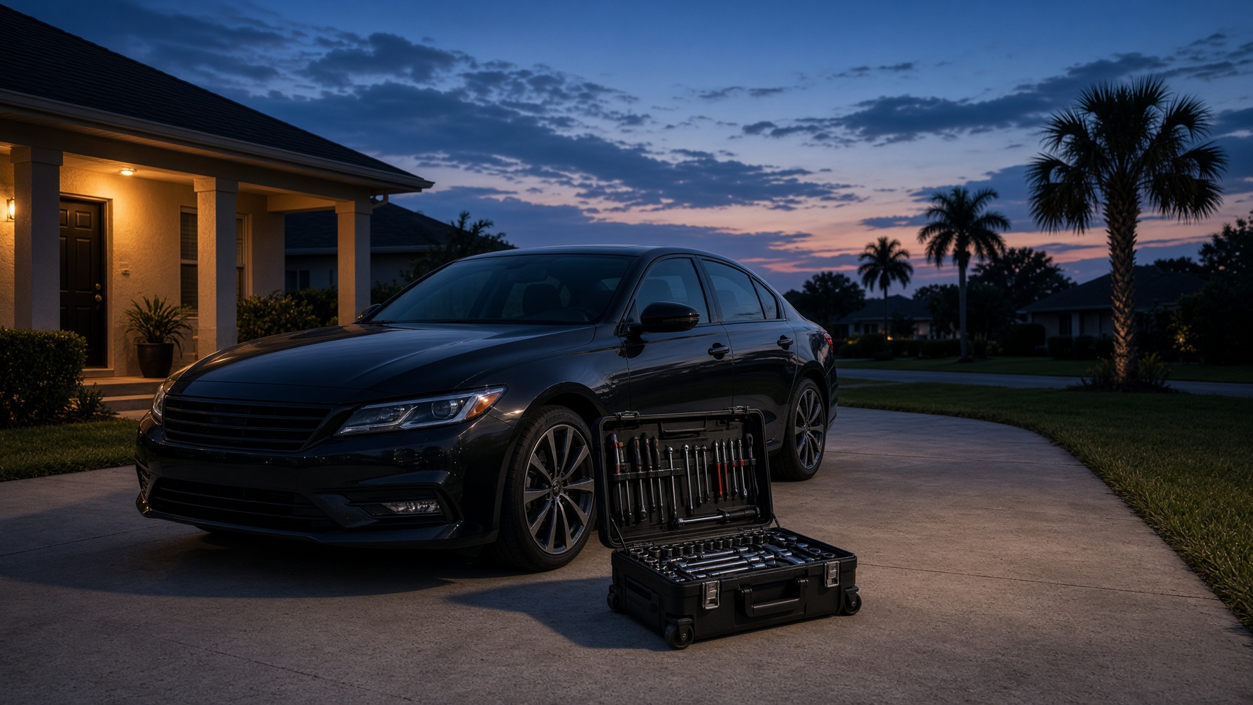Mobile service at a residential driveway at dusk