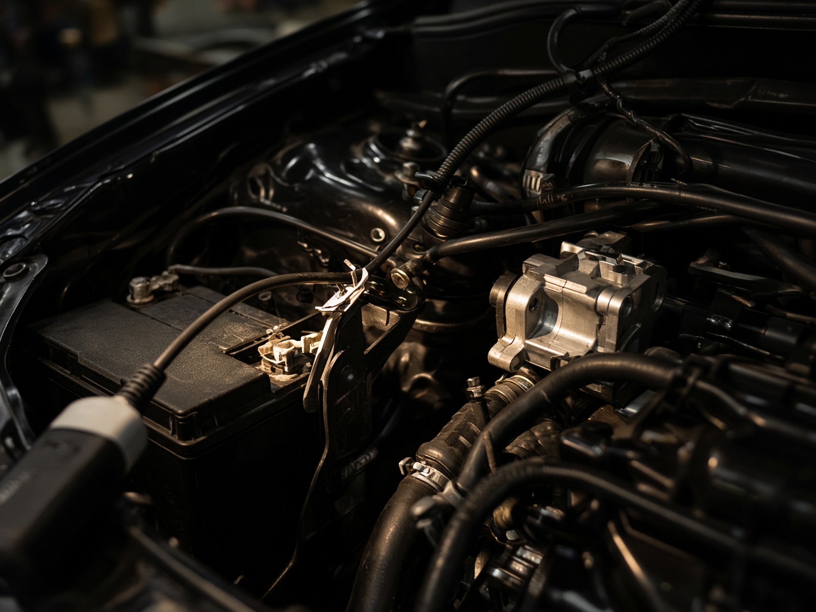 Open engine bay under workshop light