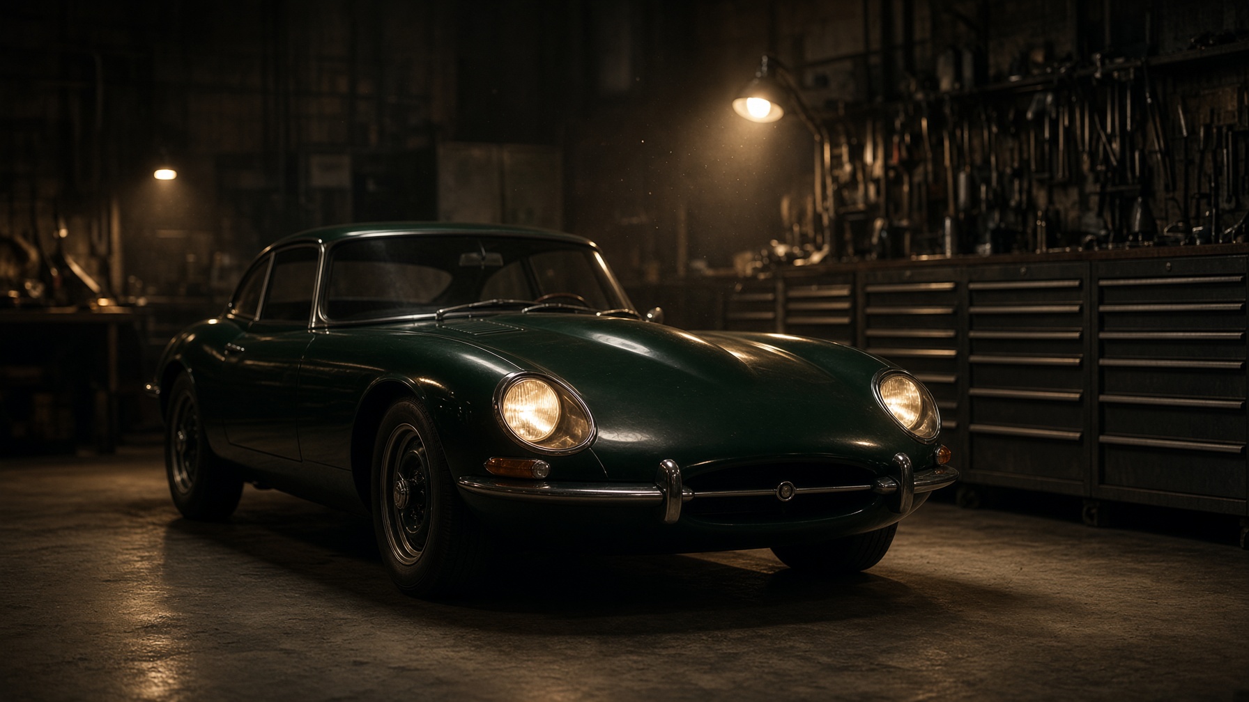 A vintage coupe under workshop lights