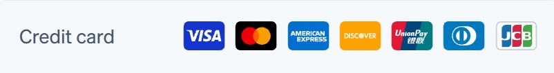 Visa, Mastercard, American Express, Discover, UnionPay, Diners Club, JCB