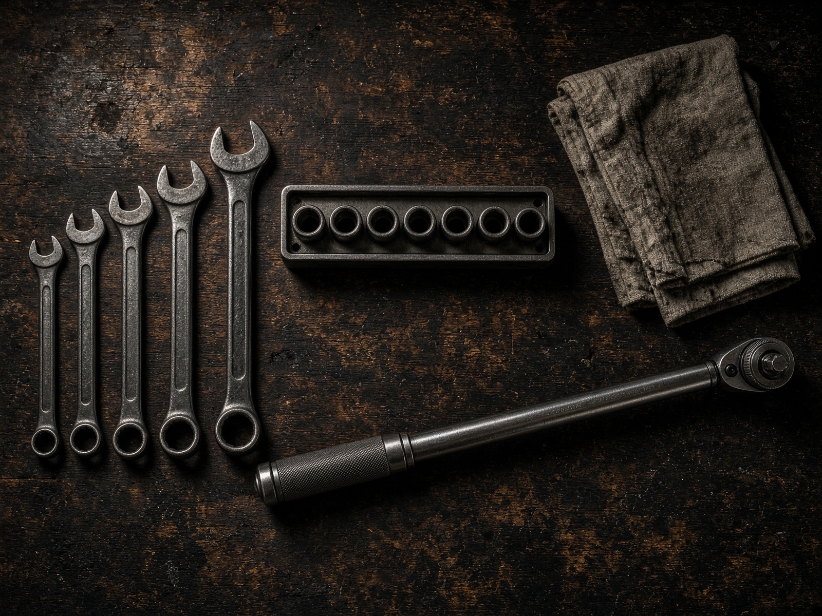 Hand tools on a steel bench under workshop light